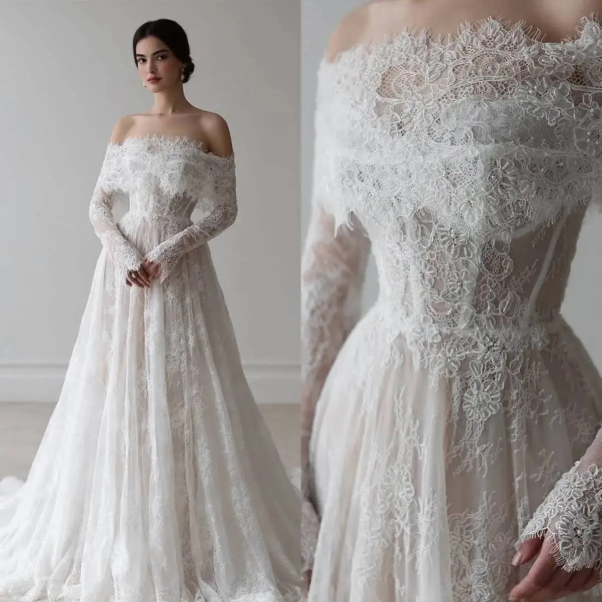 

Elegant Wedding Dresses Sexy Off Shoulder Appliques Lace Long Sleeves A Line Bridal Gowns Chapel Customized Vestidos De Novia