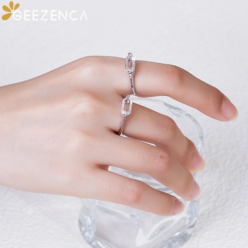 GEEZENCA White Crystal 925 Silver Open Ring For Women Saddle Shaped Minimalism Chic Mix Match Layering Small Rings 2024 New Gift