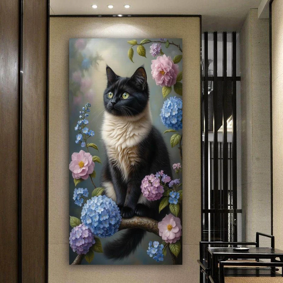 

Black and White Cat Flower Large Size Diy Diamond Art Painting Kits New Collection Animals Full Drill Mosaic Embroidery Picture
