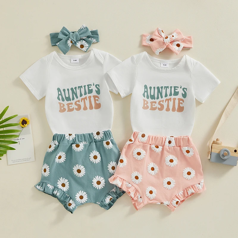 

2023-12-18 Lioraitiin Newborn Baby Girl Summer Clothes Mama is My Bestie Ruffle Short Sleeve Romper Shorts Headband 3Pcs Outfits