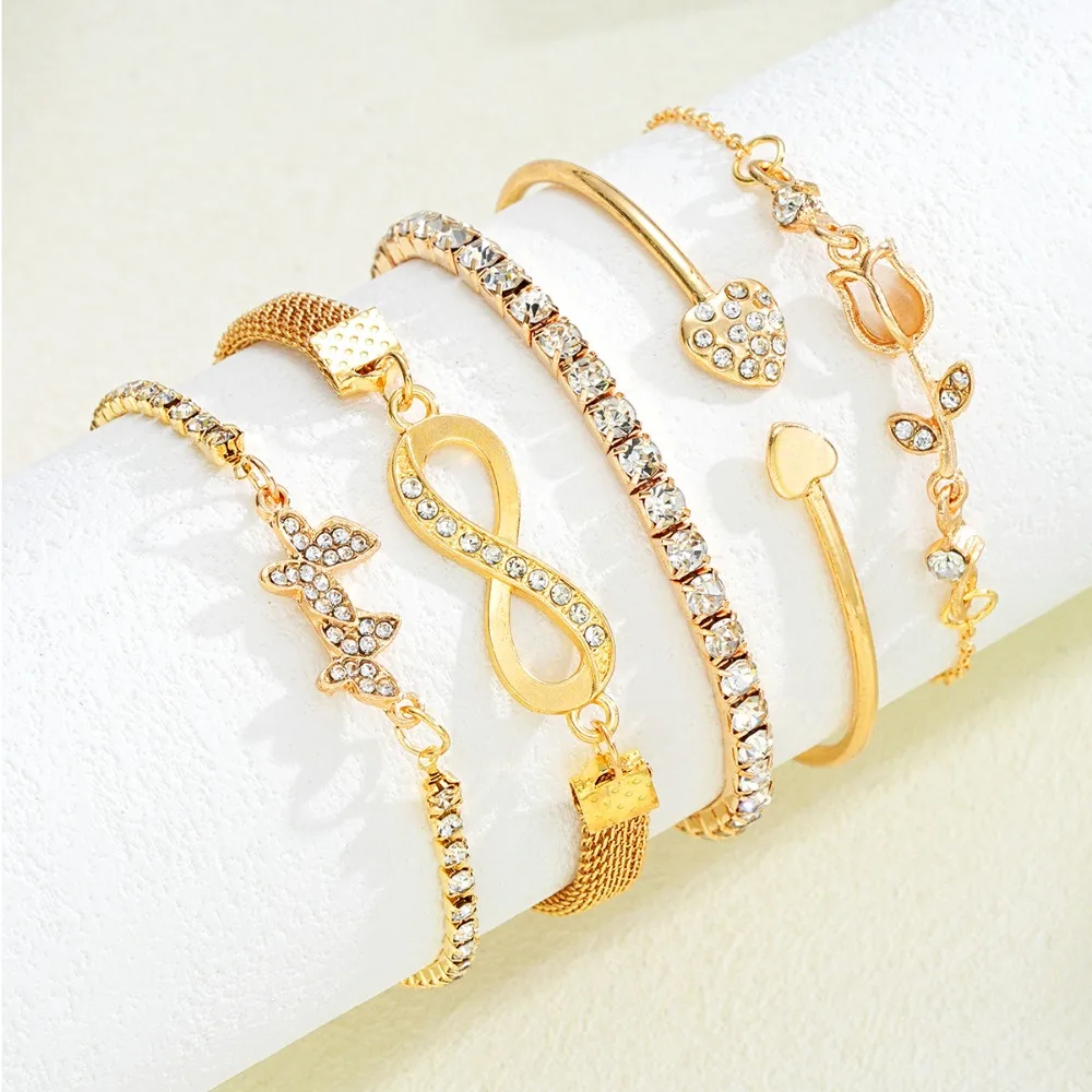 5pcs Set Shining Micro-inlay Zircon Tulip Infinite Number 8 Butterfly Heart Bracelet Sets for Women Stackable Jewelry Set Gifts