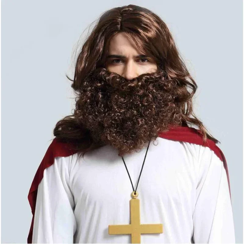 Jesus Wig and Beard Long set Brown Religious Biblical Men's Fancy Dress Accessory at Wholesale price cosplay anime party wigs