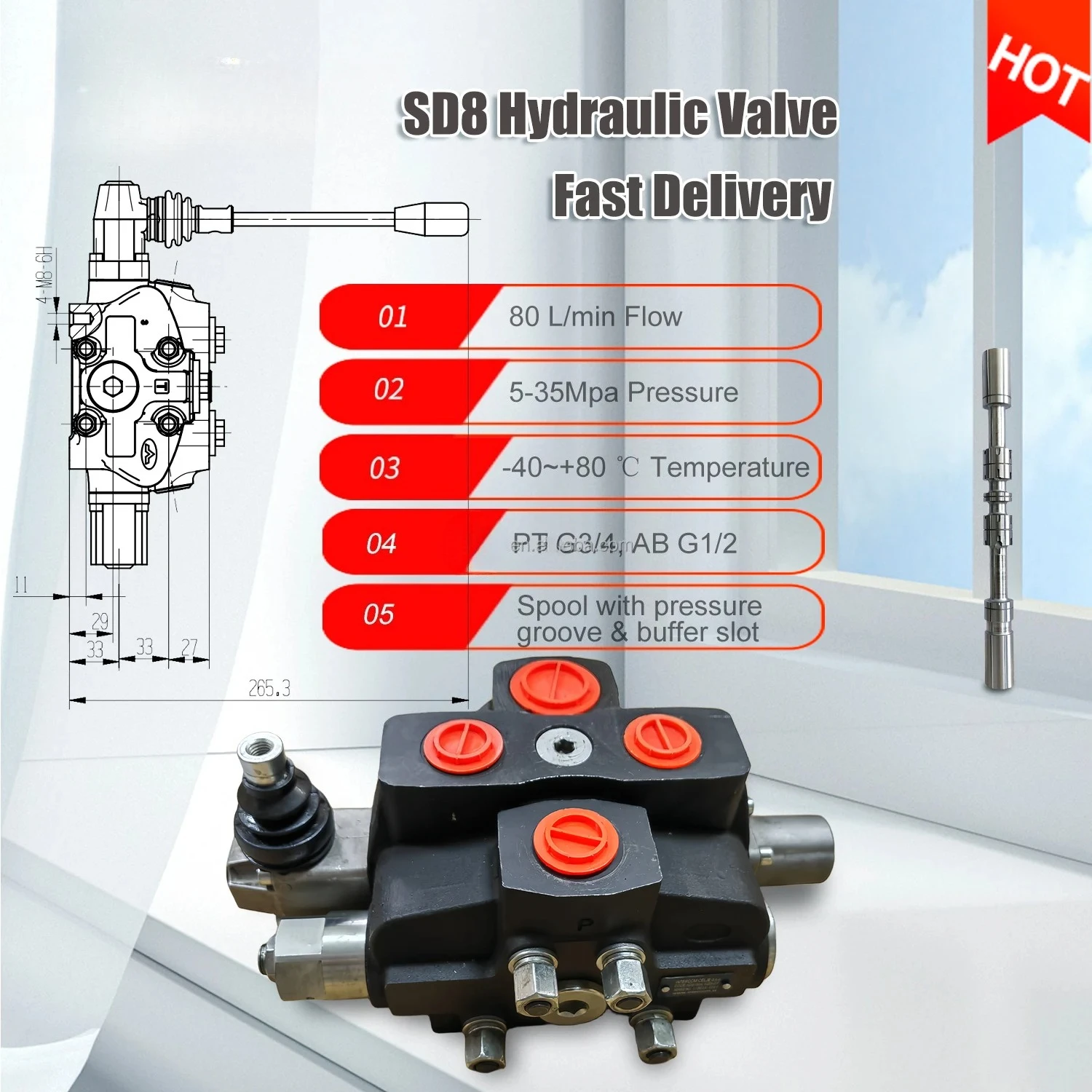 Hy-waloil SD8 Directional Valve 90LPM 1-10 Sections Hydraulic Valve For Forest Machinery