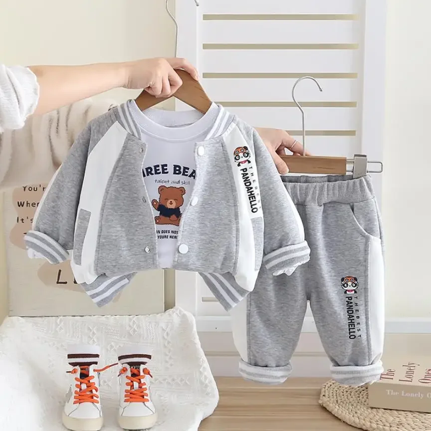 الأطفال ملابس الطفل 2025 ربيع الخريف الكرتون الدب مقنعين جاكيت زيبرا تي شيرت السراويل طفل وتتسابق الاطفال الفتيان بدلة عدو