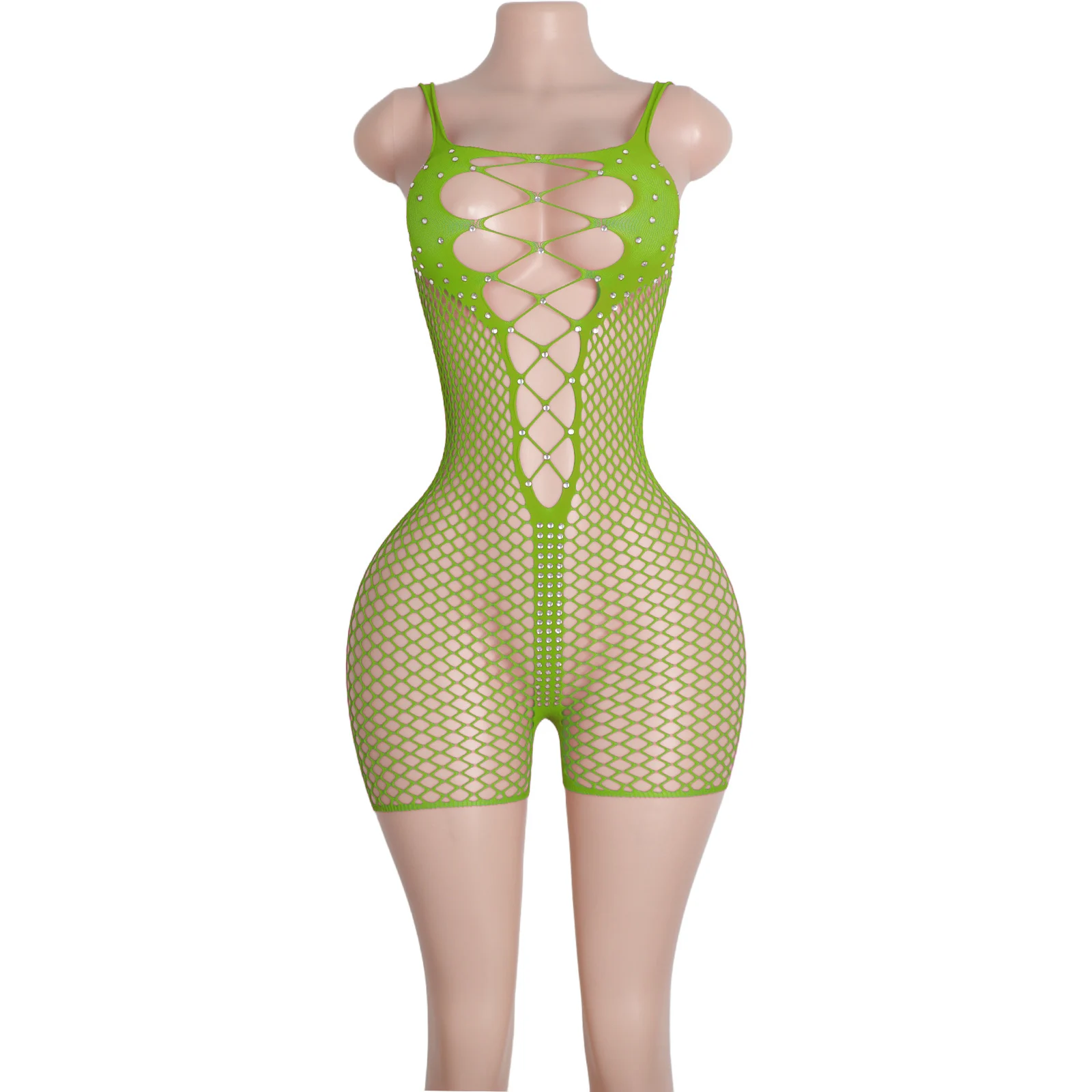 Trendy Rhinestone Shorts Fishnet Details Women's Exotic Dancewear Unique Club Outfits Performance Attire Nightlife Stage Outfits