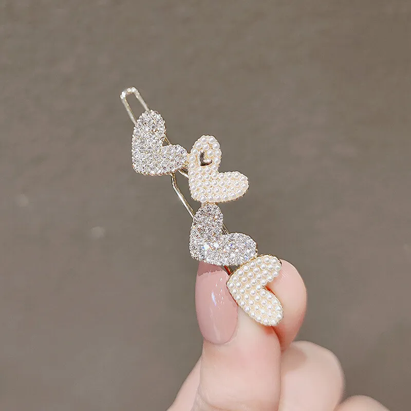 Women Hair Clips Heart Slide Hair Accessories Pearl Back Head Clip Crystal Rhinestone Girls Hairpins