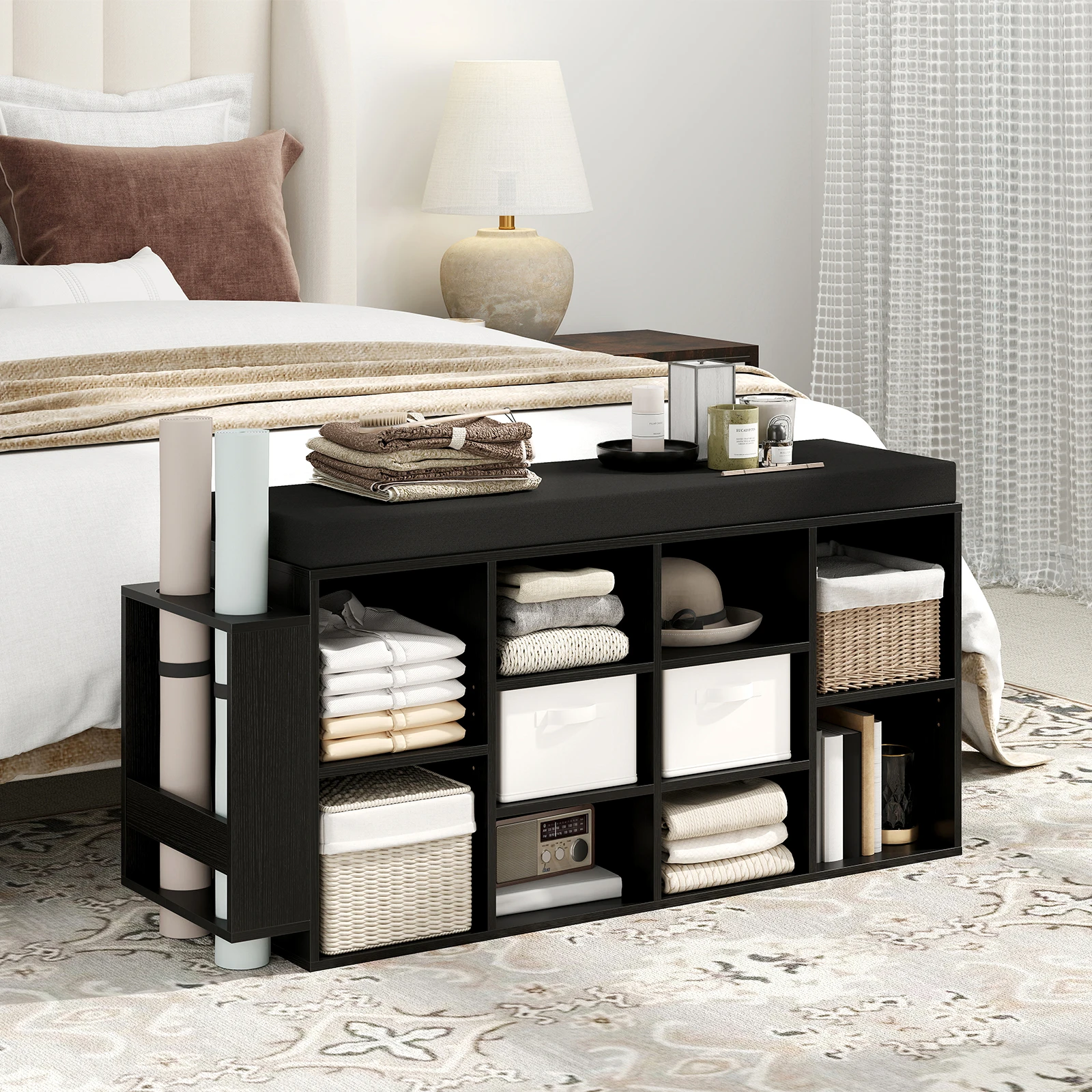 Shoe Storage Bench w/ Umbrella Stand, Padded Seat, Adjustable & Removable Shelves