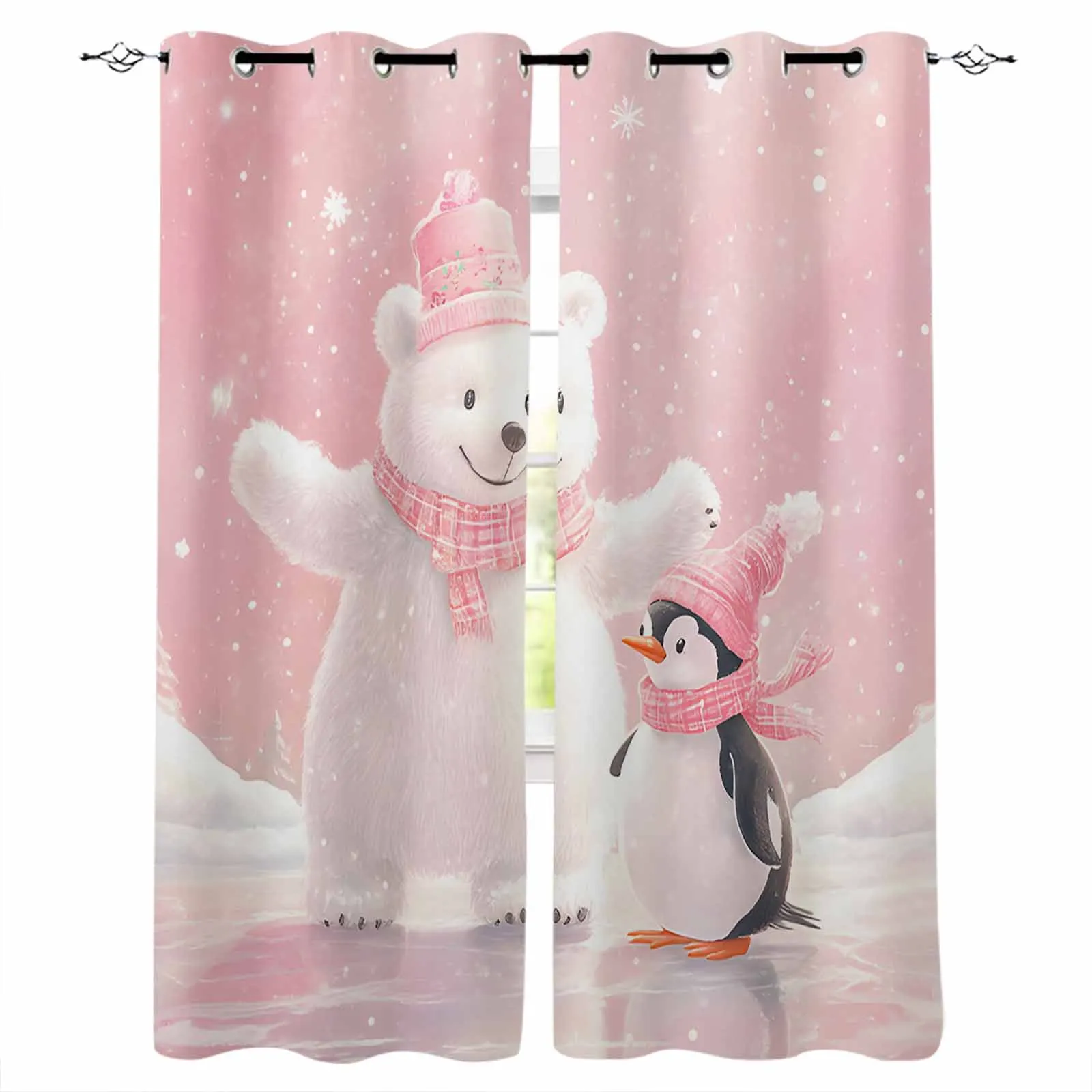 Christmas Pink Bears And Penguins Living Room Bedroom Window Treatment Blinds Drapes Modern Kitchen Curtains