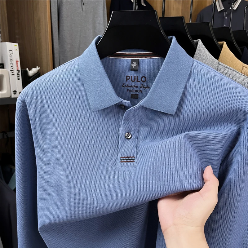 100Cotton High-Quality Men's Polo Shirt Lapel Long Sleeve T-Shirt Autumn New Turtle Back Craftsmanship Business Leisure Menswear