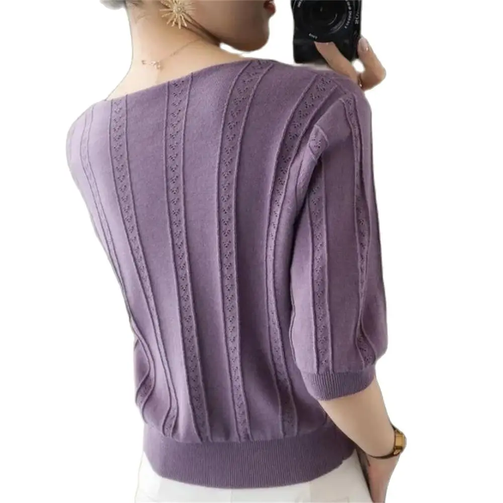 2024 Hollow Out V-Neck Knitted Blouse Shirt Pullover Knit Blouses Top Femme Short Sleeve Knit Blouse Womem Blusas Mujer De Moda