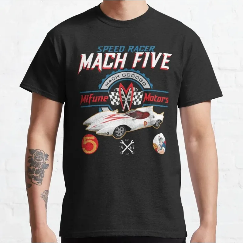 Mach 5 سيارة أعلى سرعة المتسابق أنيمي خمر الرجعية المتعثرة القطن تي شيرت حجم كبير 'Mach Go Go Go' قميص مطبوع للرجال