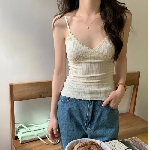 Pure Desire Spicy Girl Strapl One-Piece Lace V-Ne Inner Wear Outer Wear Floral Lace Versatile Knitted Tube Top