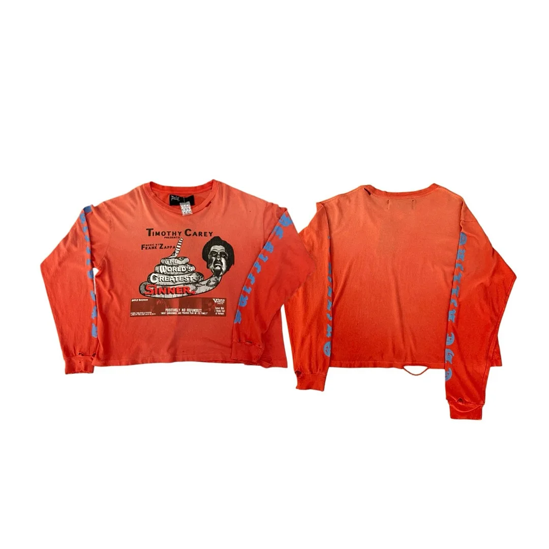 Unisex Cropped Distressed Orange Long Sleeve T Shirt Vintage Movie Snake Print Contrast Sleeve Graphic Fashion Streetwear Top