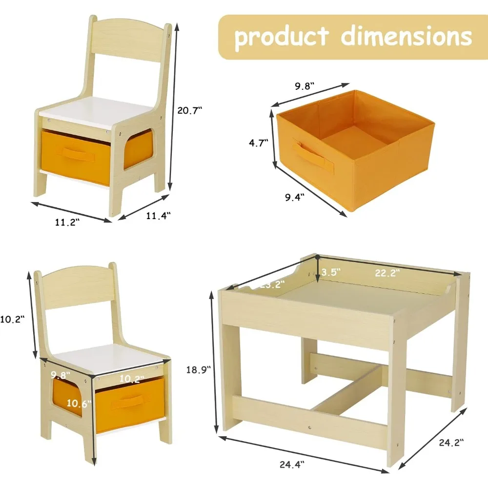 Kindertafel en 2 stoelenset, 3-in-1 houten peuteractiviteitentafel met schoolbord, opbergruimte, verwijderbaar tafelblad voor tekenen en lezen