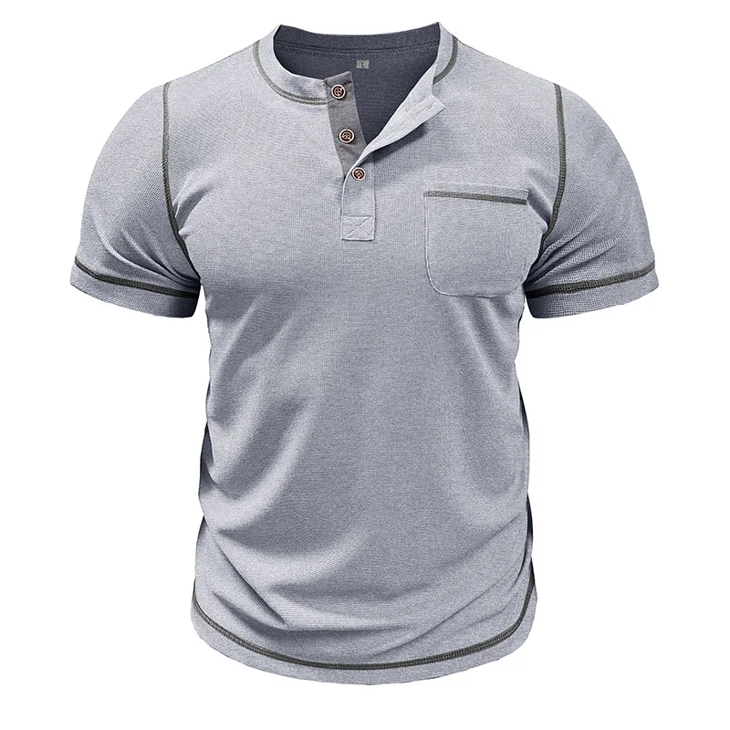

2024 European and American men's round neck waffle Henry short sleeved T-shirt men's button contrasting bright line base shirt