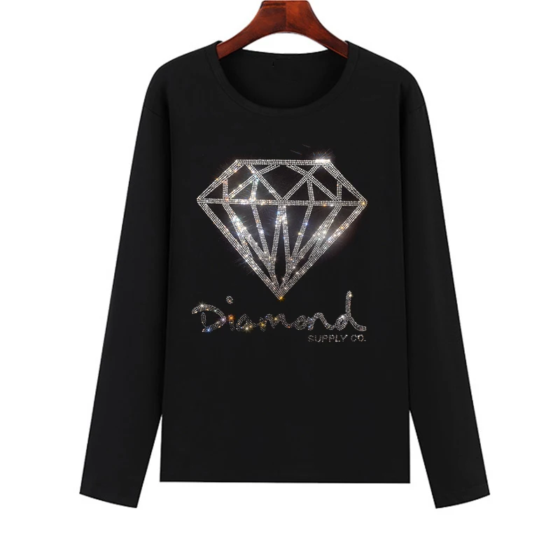 Long-sleeved T-shirts for women are suitable for hot diamond pattern crystal diamond T-shirts in spring, autumn and winter