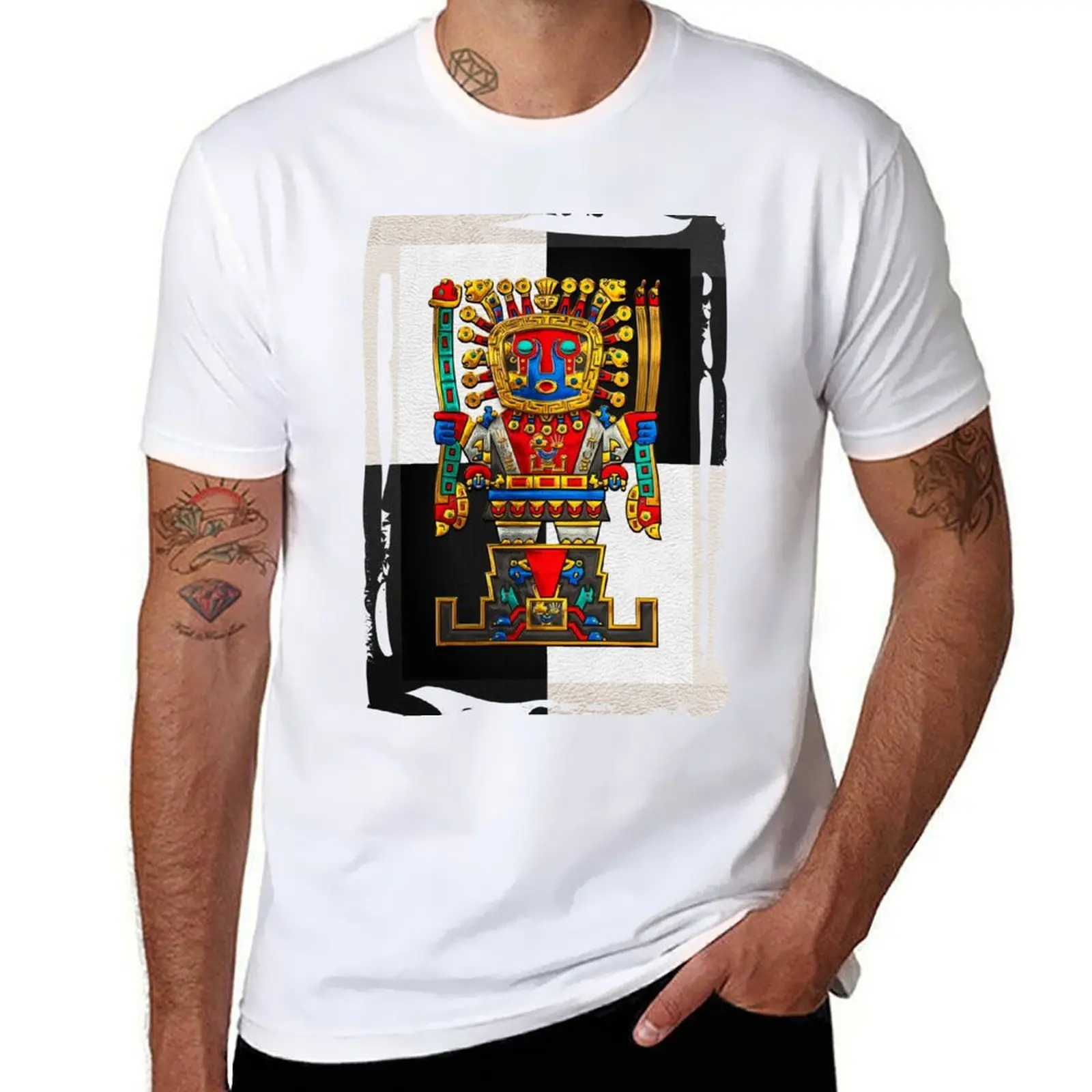 

Incan Gods - The Great Creator Viracocha on Black and White T-Shirt t shirts for man graphic tees man t shirt luxury T-Shirt