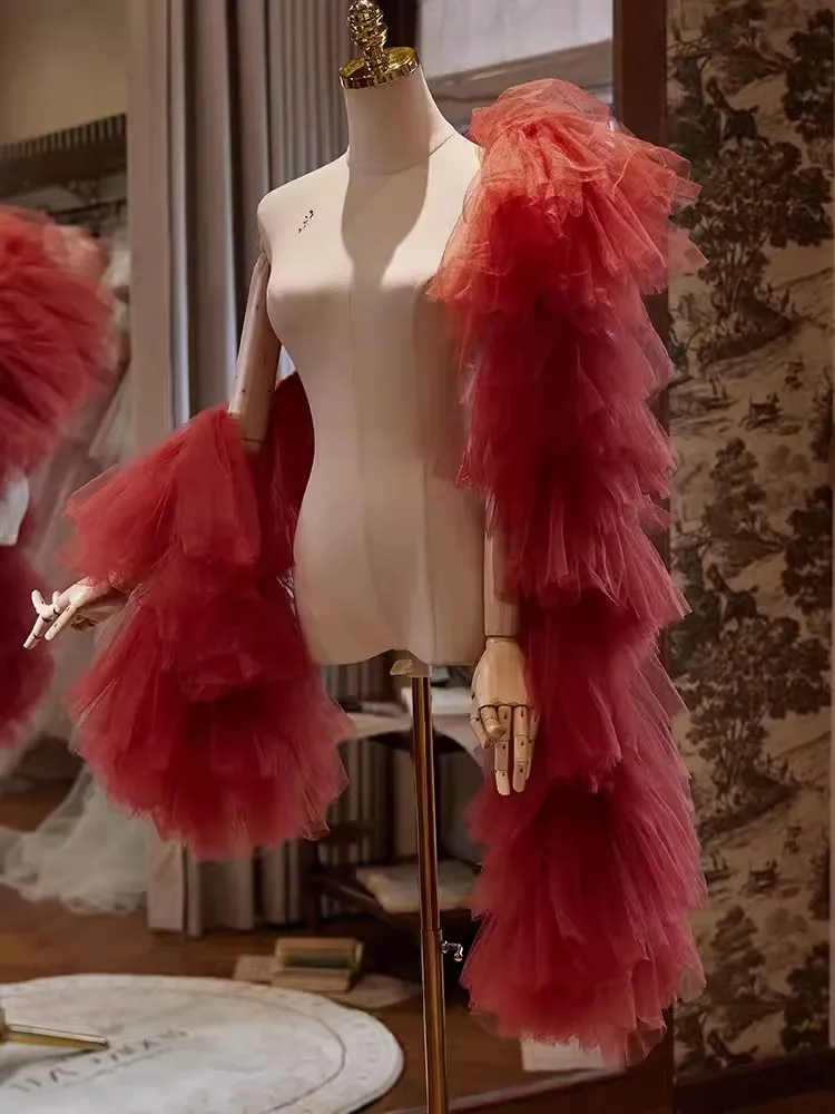 Mingli Tengda wino czerwone tiulowy długi szal akcesoria do sukni wieczorowej ręcznie robione DIY wysokiej klasy bankiet białe bolerko panny młodej Fashion Lady