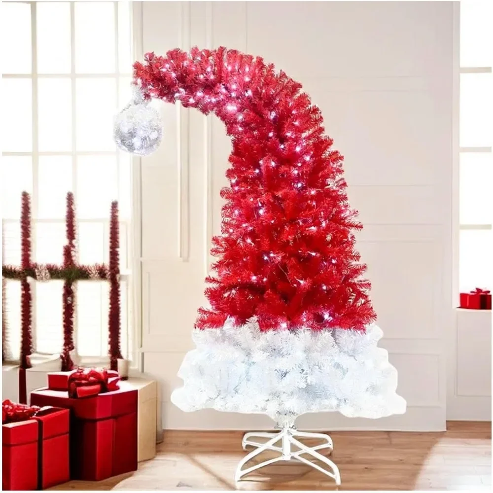 Christmas Trees 6-foot Christmas Tree Pre Installed with Clear LED Lights, Red, Bendable Top Pencil Tree Christmas Hat Style