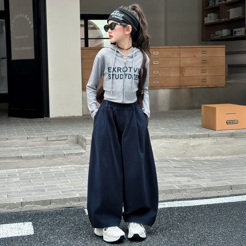 1pc 2026 teens autumn kids Girls Clothes Child letters kniteed sweater hooded crop top or wide leg Cargo pant 4 8 10 12 14 year