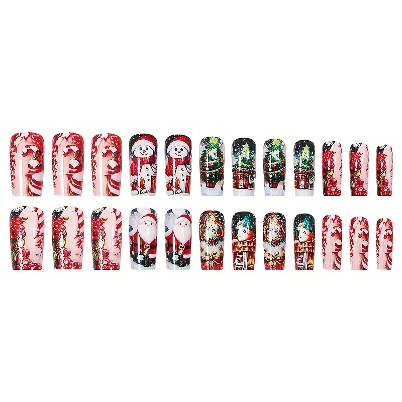 24 قطعة عيد الميلاد ندفة الثلج سانتا كلوز شجرة عيد الميلاد مربع مسمار الفن الصحافة على الأظافر مع شرائط ملف الغراء هلام #5