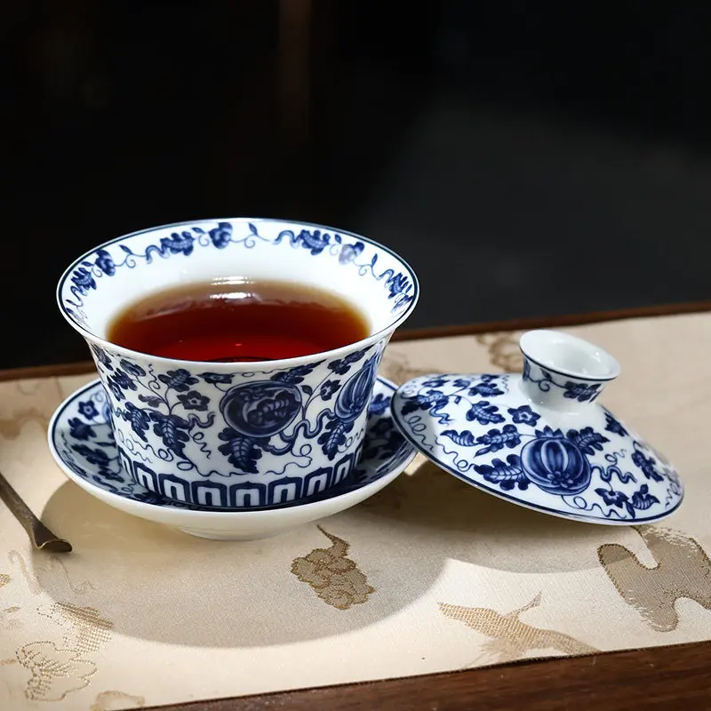 Underglaze Color Ceramic Cover Bowl plus Large Size Eight Treasures Tea Big Cup with Gaiwan Brewing 300ml