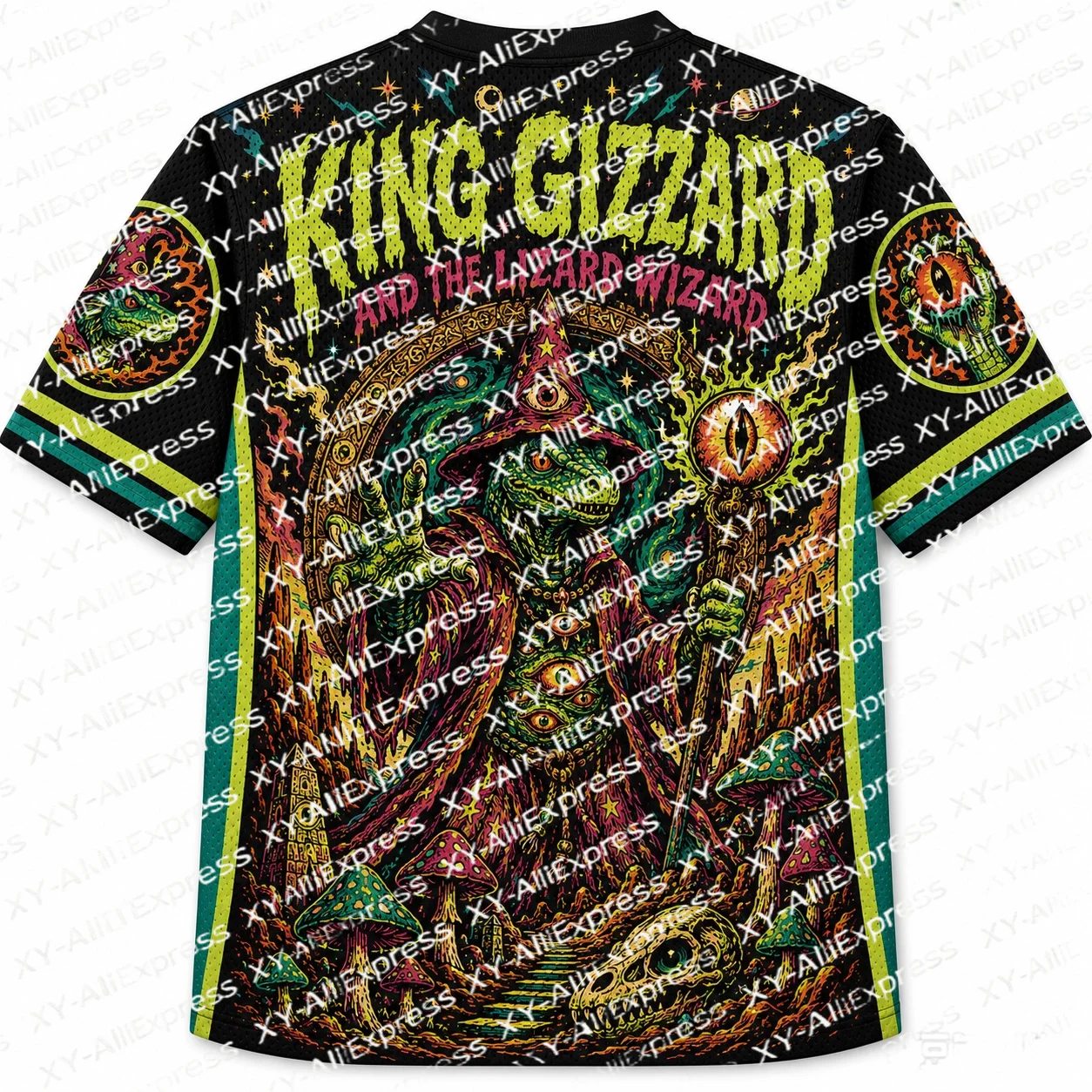 Psychedelic Retro Print Jersey, Rich Saturated Colors, Lizard Wizard with Magic Eye & Mushroom Forest,art Collectible Print Fans