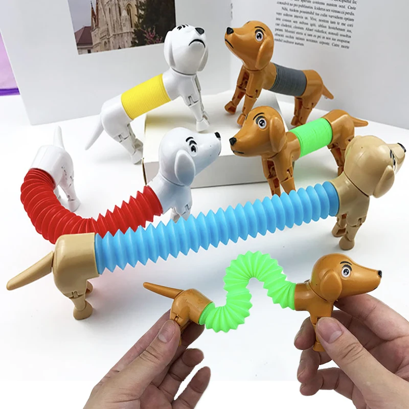 4pcs Funny Spring Dog Pop Tubes Sensory Toys Novelty Stress Relieve Fidget Toy for Adult Kids Retractable Dogs Squeeze Toy Gifts