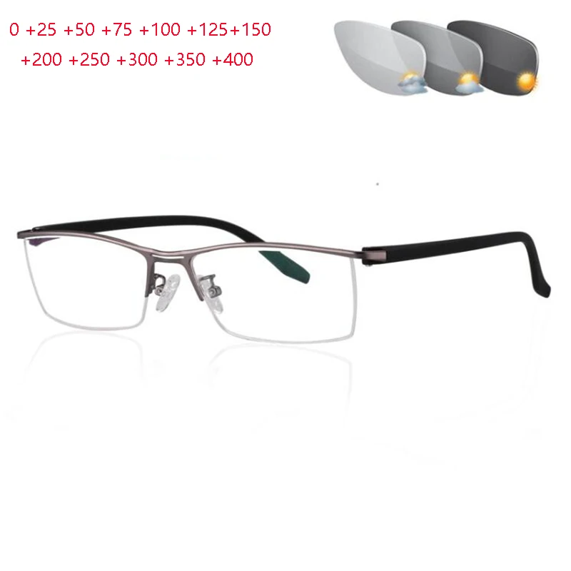 

Aspherical Lens Sun Photochromic Gray Square Reading Glasses Women Men Metal Half Frame Hyperopia Eyeglasses 0 +25 +50 To +4.0