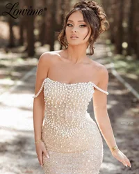 Champagne Beaded Floor Length Birthday Prom Dresses Aso Ebi Crystals Sequined Evening Formal Party Dresses Spaghetti Straps Robe