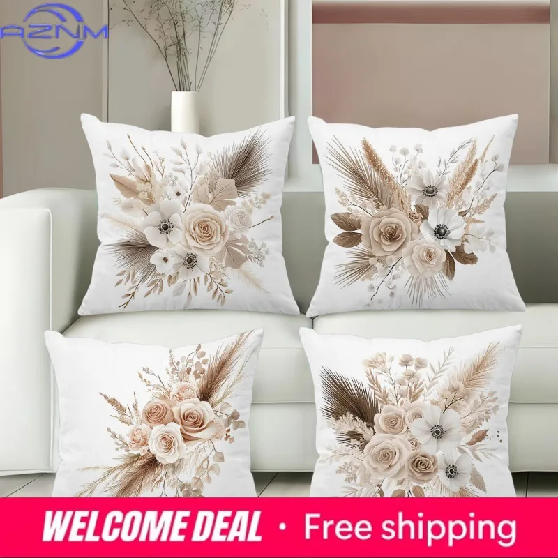 Beige Floral Patterned Cushions for Home Decor Polyester pillowcase, sofa decorative cushion cov Headboard Pillow
