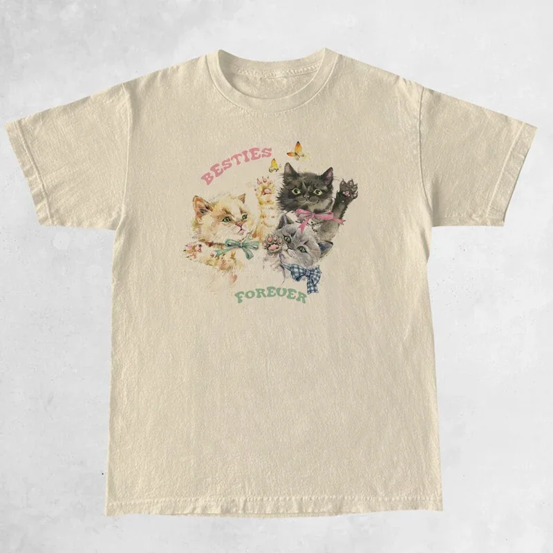 Cute Kitten Besties Forever Women Graphic Tops Fashion Oversized T Shirt Vintage Aesthetic Cottagecore T-Shirts Cat Lover Tees