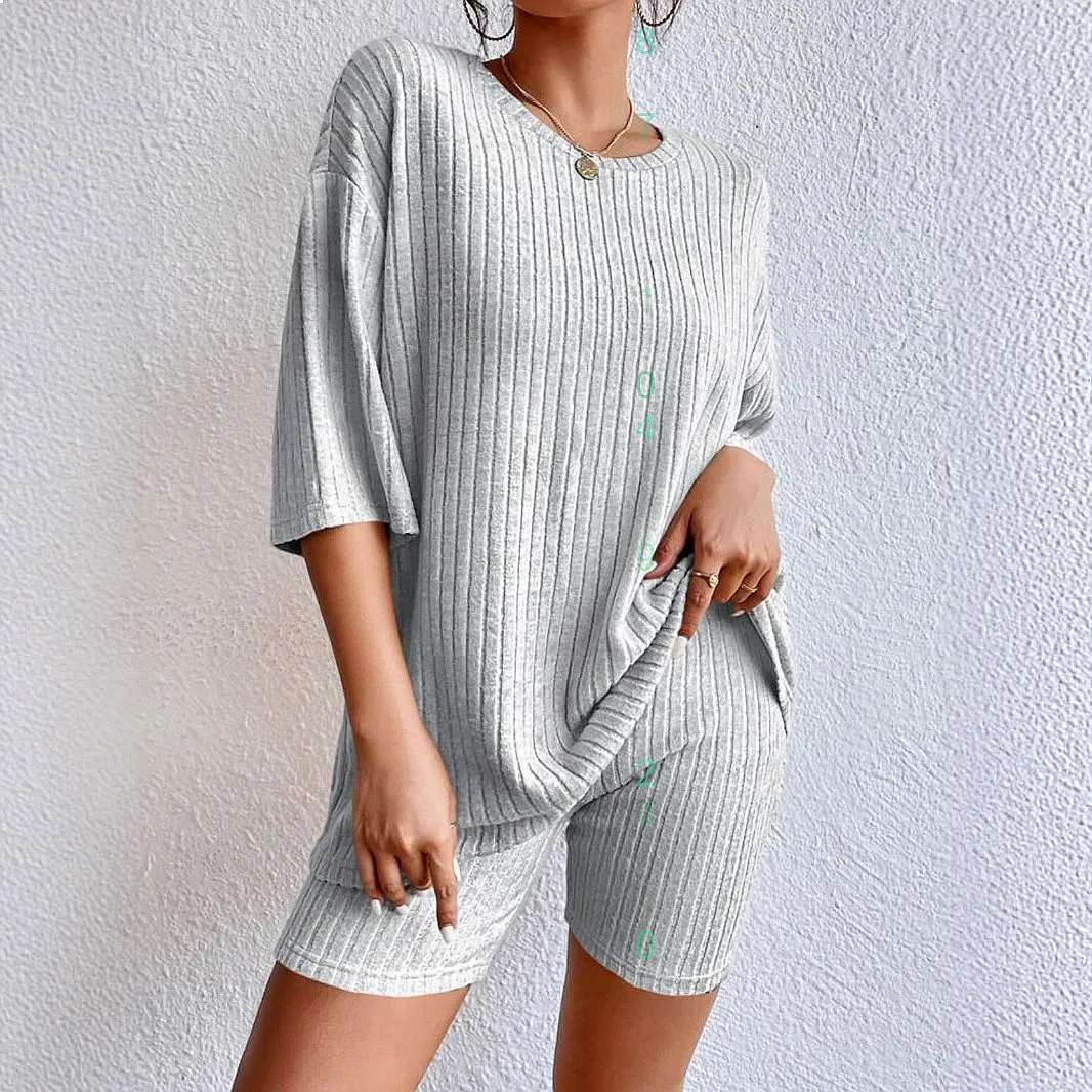 Short Set Round Neck Solid Color Spring Summer Casual Loose Fit Women's Shorts