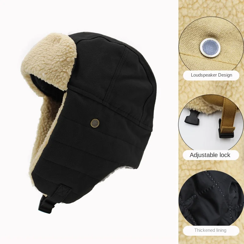 Canvas Ear Protection Winter Cap Men Women anti-cold Thickened Fleece Cotton Hat Cycling Warm Windproof Pilot Caps Hot 3