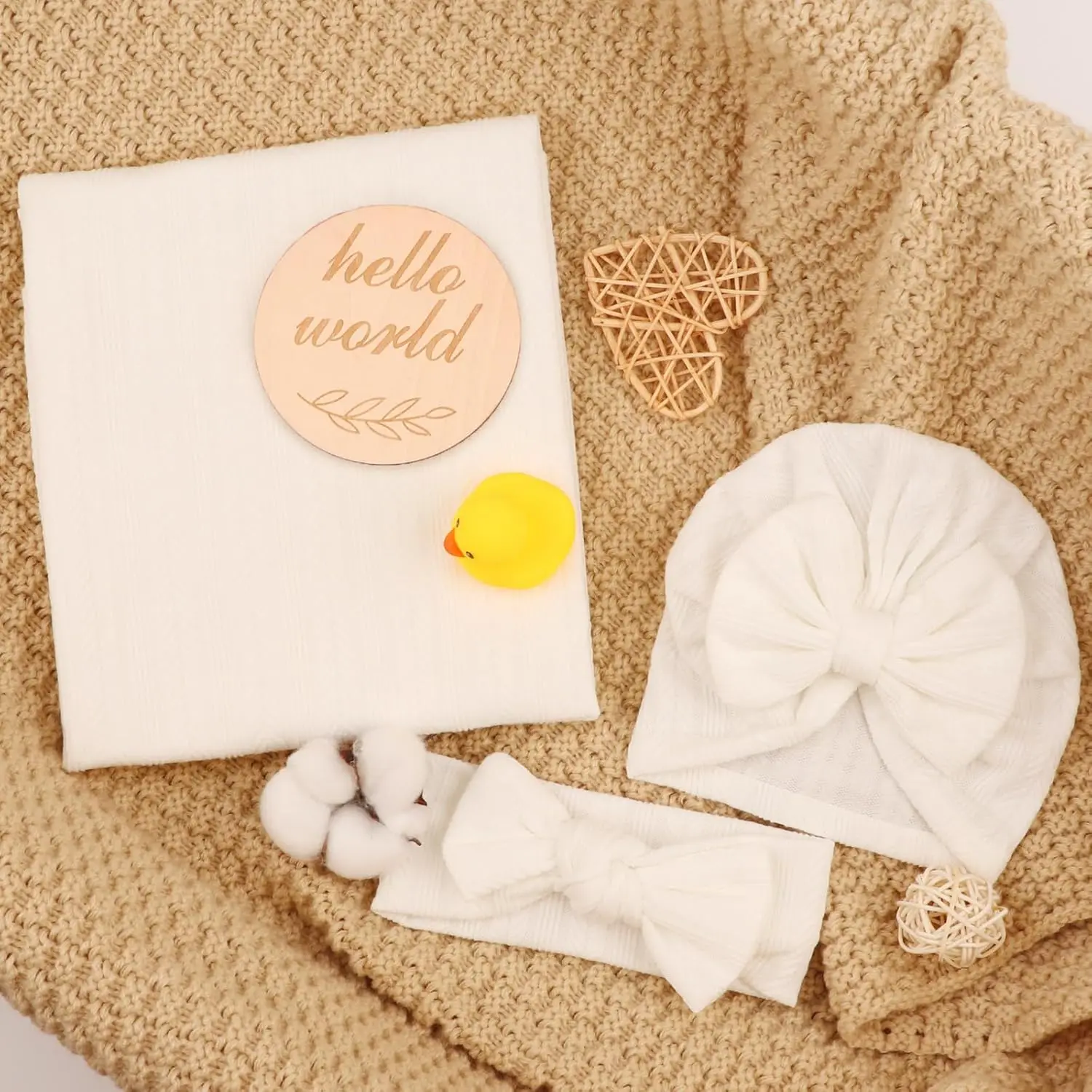 Newborn Receiving Blanket with Bow Hat Headband Wooden Card Set Wheat-Pattern Newborns Toddler Baby Boy Girl Nursery Swaddle Wrap