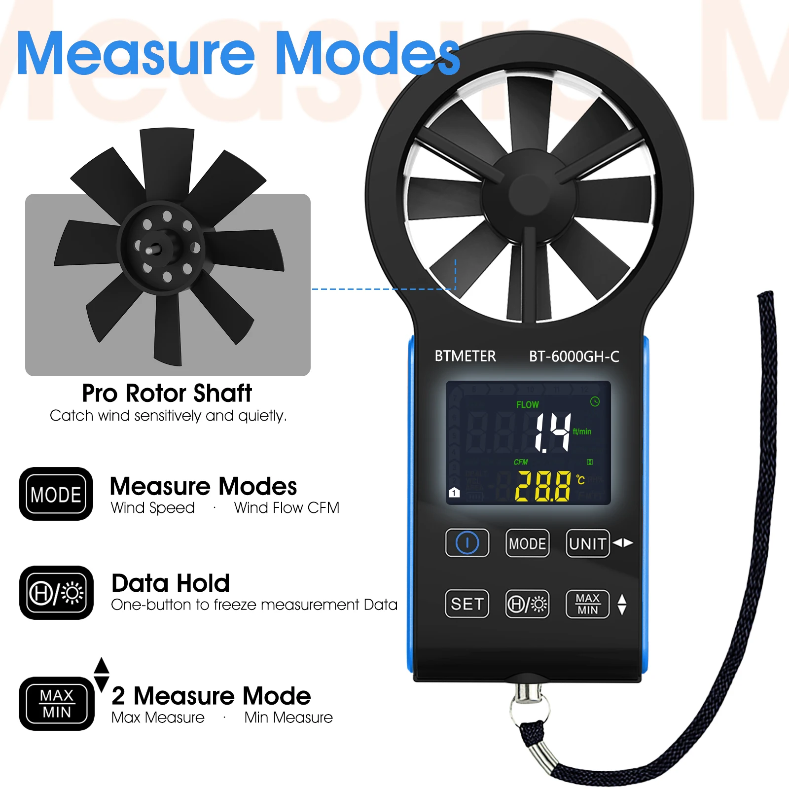 

6000GH Handheld Anemometer Wind Speed Meter Air Flow CFM Tester with 2.3" LCD Backlight Type-C Rechargeable