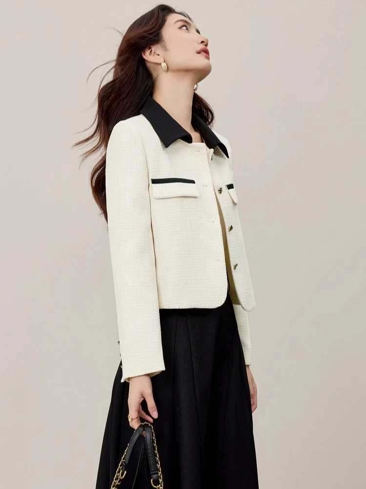 SENTUBILA Women's Chenille Jackets Color-Block Turn-down Collar Short Jackets 2025 Autumn Elegant Style Woman Clothing 153WA2164
