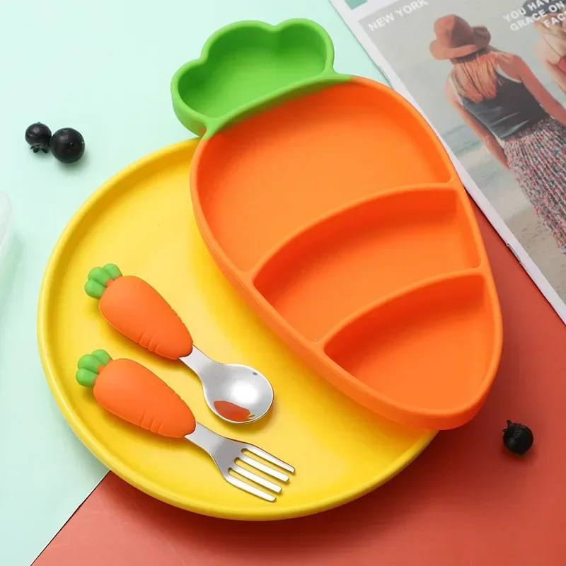 Plato de cena de silicona para niños, cuenco de zanahoria, tenedor de acero inoxidable 304, juego de vajilla, plato de comida suplementaria de comida para bebés