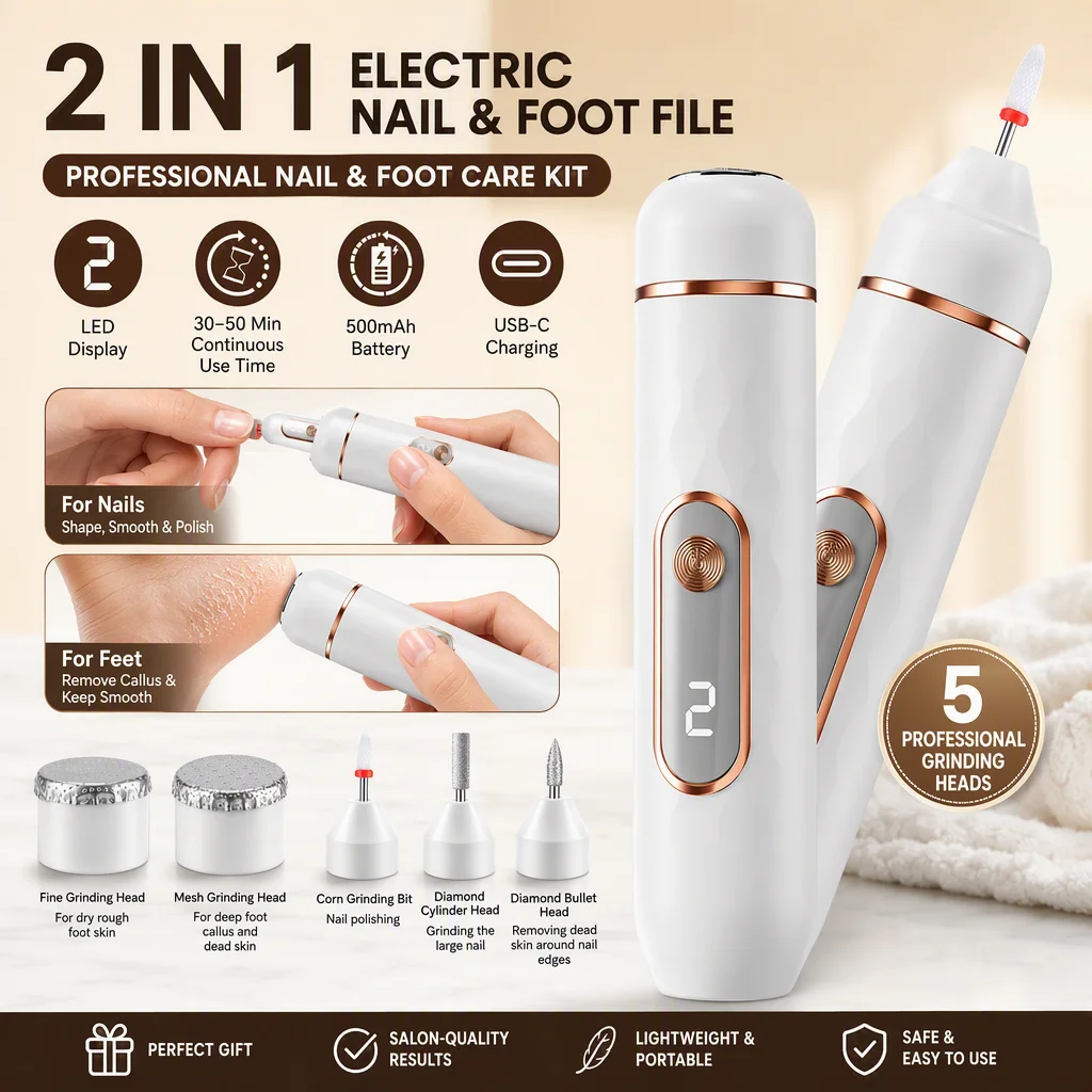 2 In 1 Electric Manicure Pedicure Kit & Foot Callus Remover Rechargeable Nail Drill Machine Toenail Grinder Foot Care Tools
