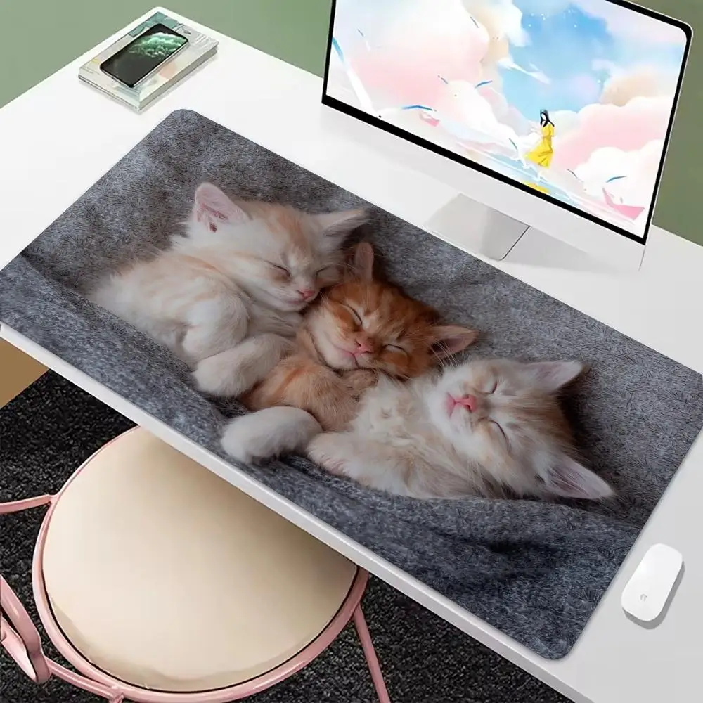 Three Cute Sleeping Kittens White Blanket Cat Extended Gaming Pad Non Slip Rubber Base Keyboard Mat Desk Pad for Animal Lover
