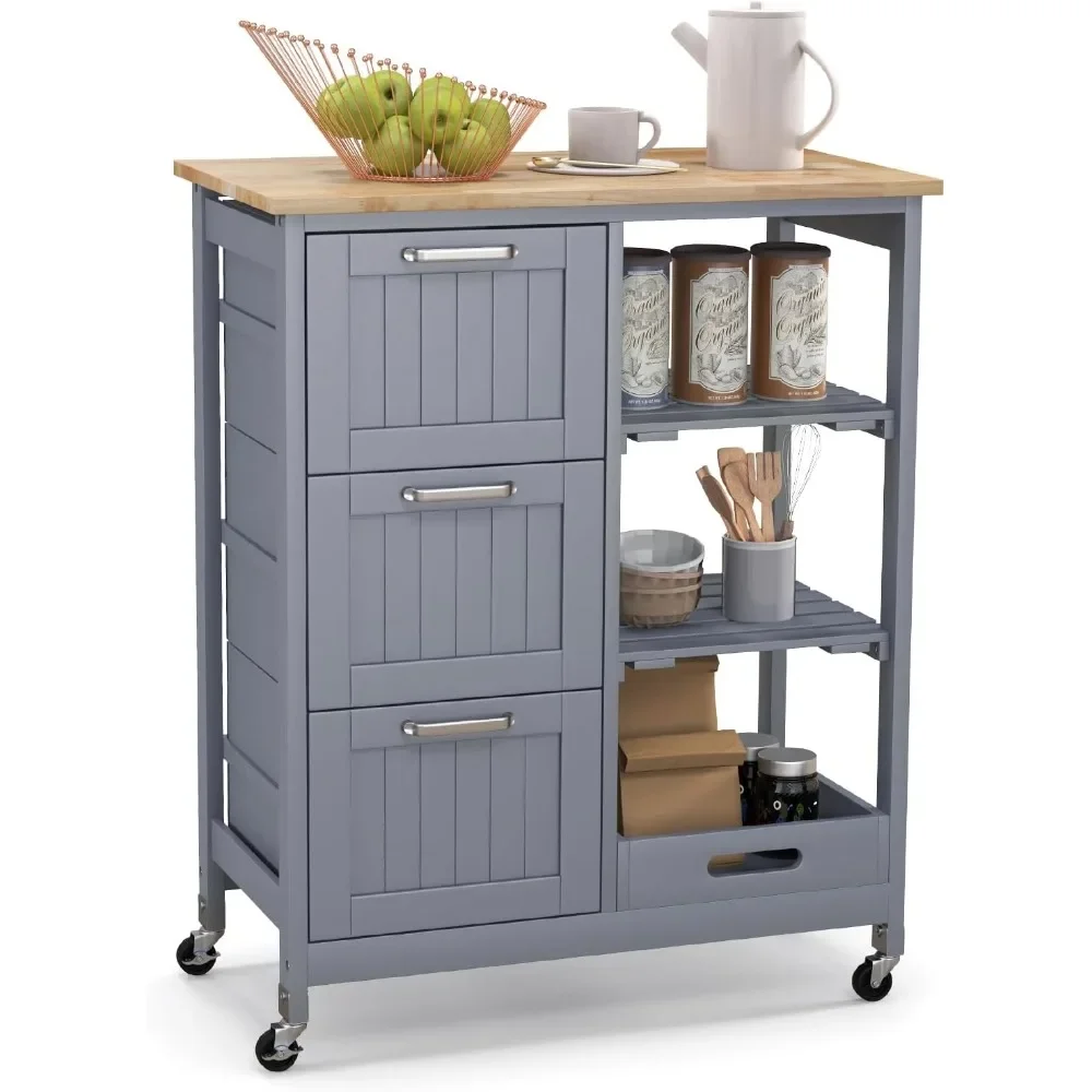 

Kitchen Island Cart on Wheels with Storage, Versatile Rolling Cart with Wood Countertop, 3 Drawers, Removable Tray & Lockable