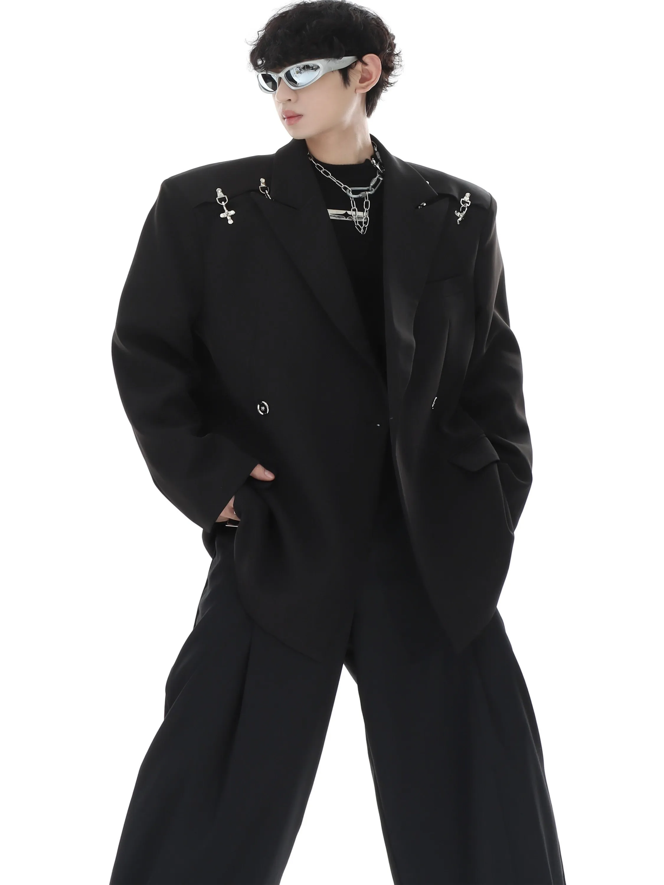 Men's Casual Suit Jacket Metal Buckle Shoulder Pad Design Fall New Style Deconstructed Aircraft Buckle High-End Feel Polyeste...