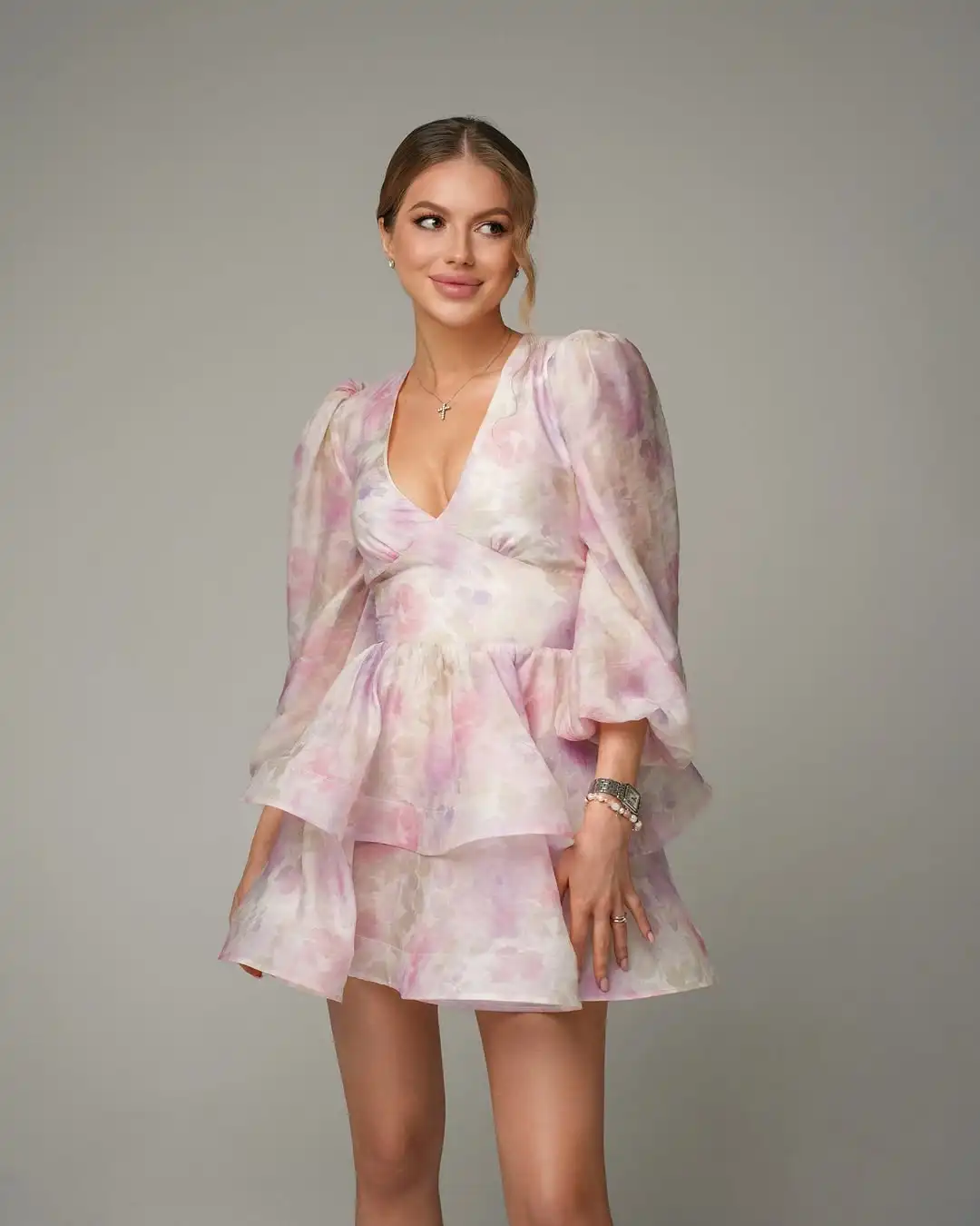 MD Elegant Floral Printed High Waist Mini Prom Gown  Flare Long Sleeve V Neck Tiered  Pleat Cocktail Dress 2025 Customsied