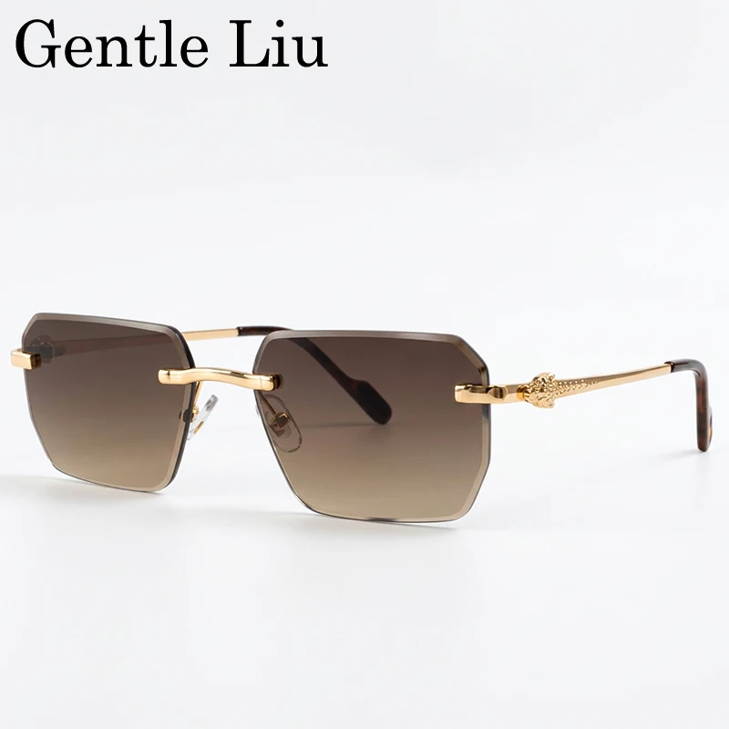 Y2K Randlose Quadratische Sonnenbrille für Herren 2026 Luxus Vintage Punk Sonnenbrillen Hip-Hop Metallrahmen Steampunk Shades Leopardenkopf-Brillen