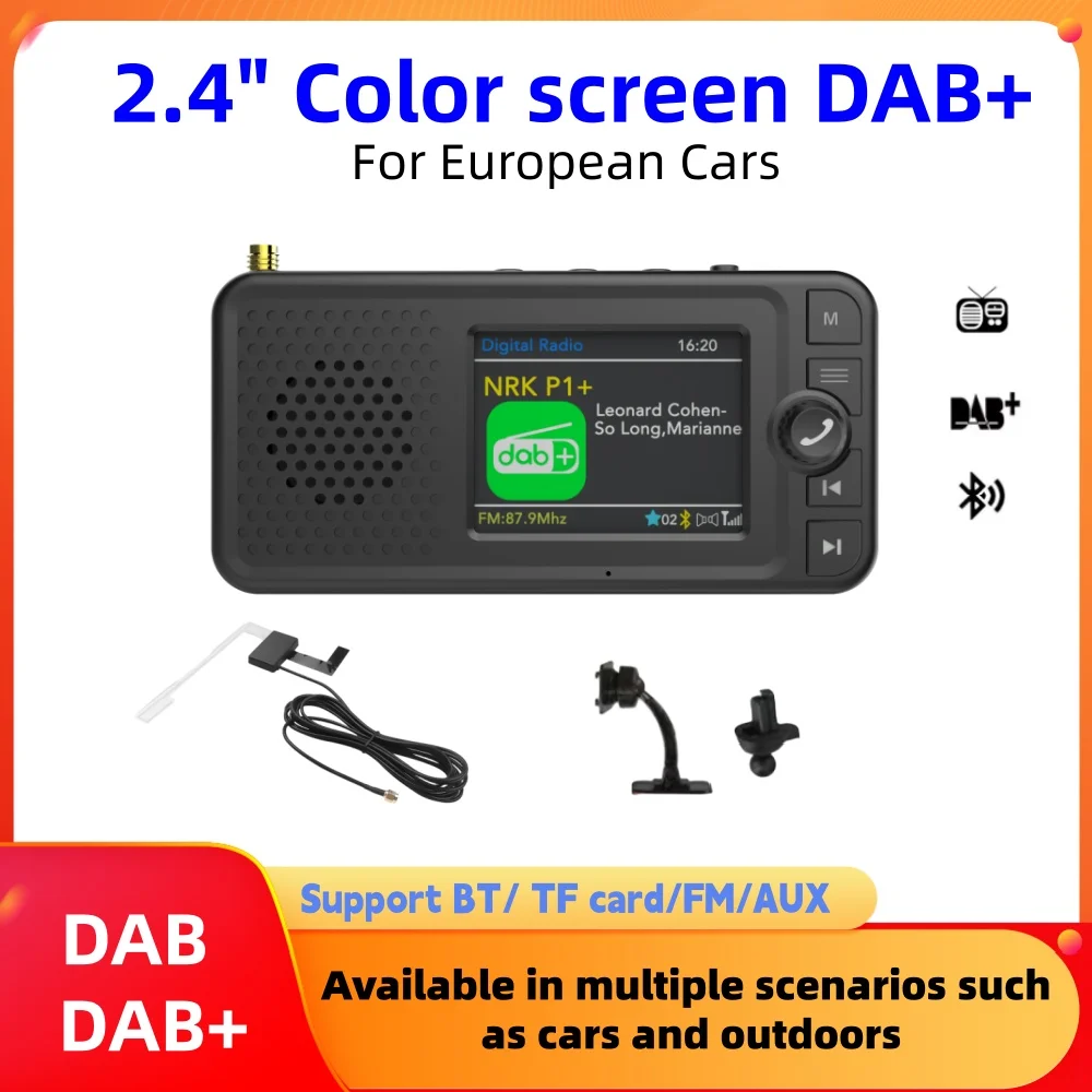 

2,4-дюймовый цветной ЖК-дисплей, радиоприемник DAB/DAB+, Bluetooth-совместимый MP3-плеер, FM-радио, цифровое вещание для европейских автомобилей