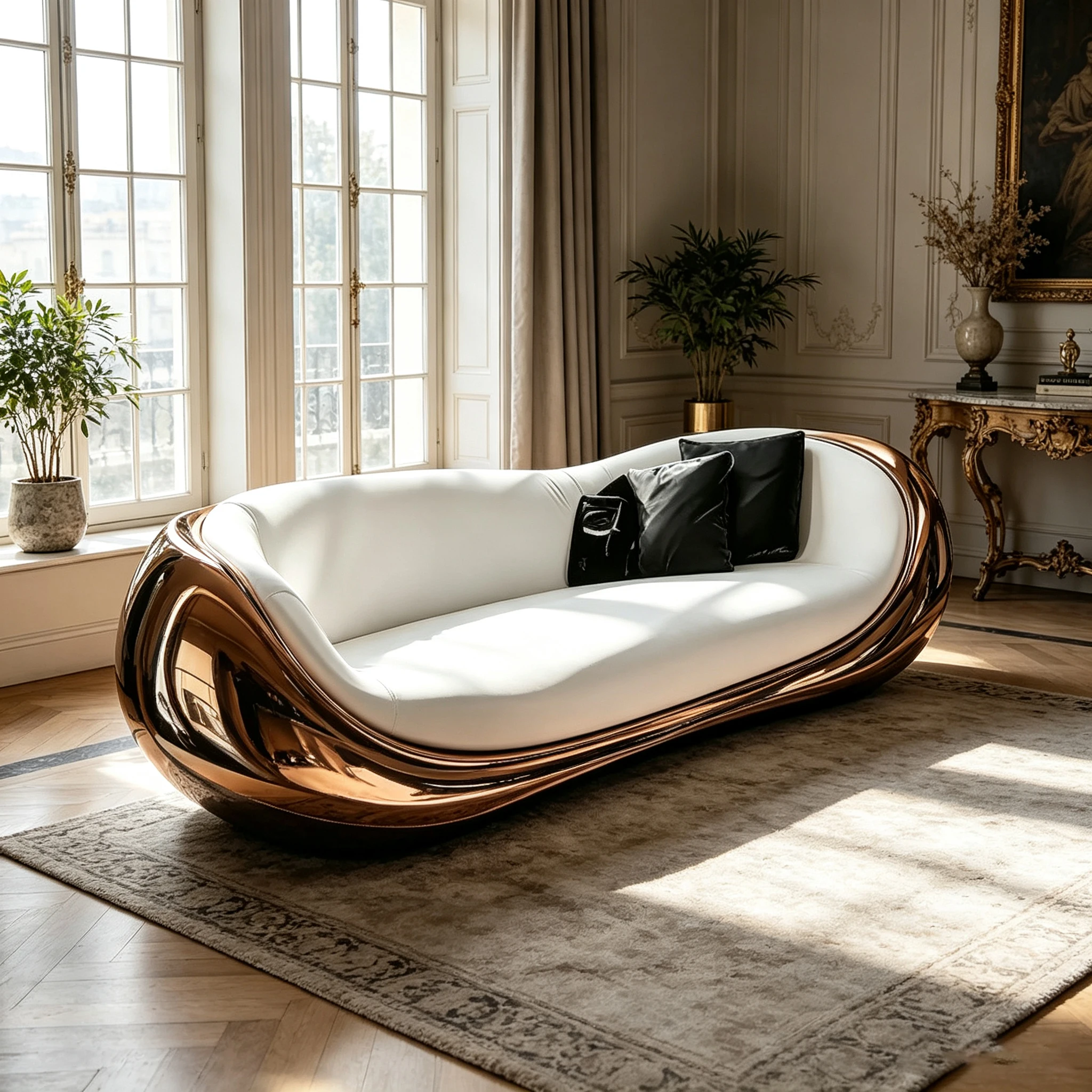 Z*-Rose Gold Mirrored Fiberglass Leisure Sofa Curved Shell White for Luxury Household Living Room^