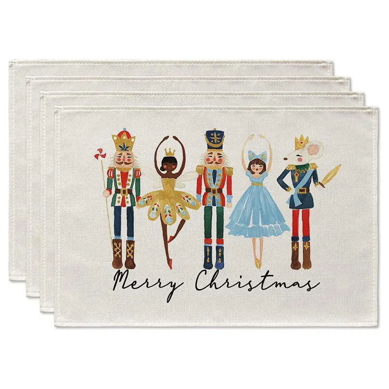 4pcs Nutcrackers Xmas Balls Merry Christmas Placemats Set Of 4 12x18 Inch Seasonal Winter Holiday Table Mats Party Kitchen