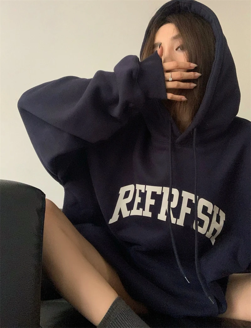 Retro American High Street Hoodie Women's Autumn Winter Thickened Fleece Oversize Lazy Style Top Korean Version Long Sleeve