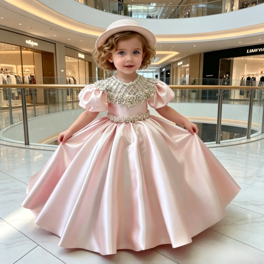 Children Pink Puff Sleeve Gown Birthday Party Banquet Elegant Gown Satin Long Full Skirt Beaded Sweep Train Girls Princess