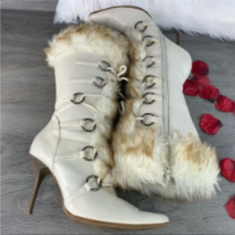 

White Furry Trim Lace Up Pointed Toe Stiletto Boots Woman Winter 2026 Women's Cross Straps High Heel Warm Party Dress Boots